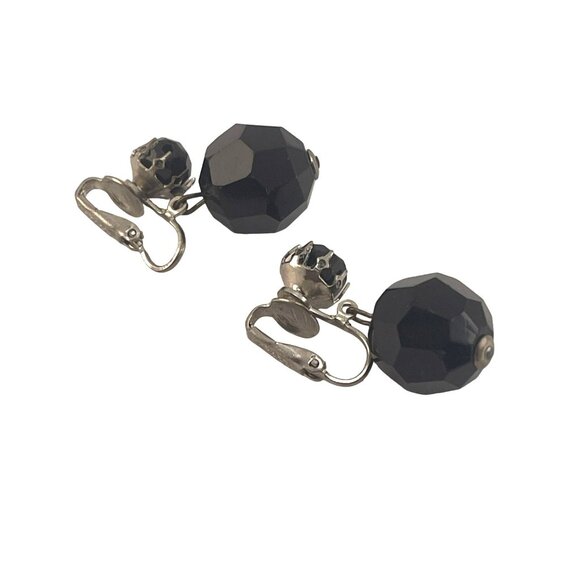 Western Germany Vintage Black Faceted Glass Clip-On Earrings 1950s - Picture 7 of 7